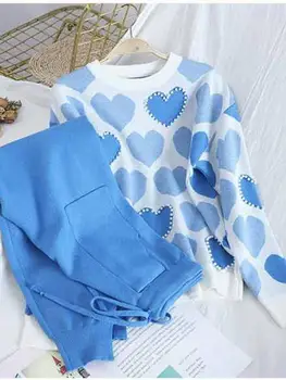 Весенние Трикотажные Комплекты брюк из двух предметов, Женский пуловер с длинными рукавами, свитер в форме милого сердца, расшитый бисером + брюки с высокой талией, костюмы