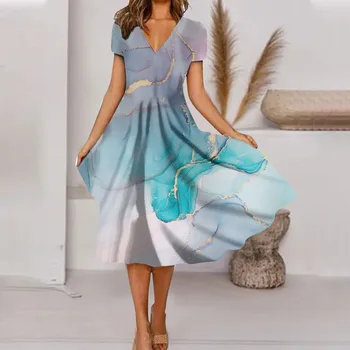 Женские винтажные платья с коротким рукавом и V-образным вырезом с цветочным принтом, Летнее элегантное вечернее платье трапециевидной формы, Женские повседневные Свободные платья в стиле бохо