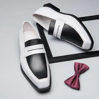 Модные мужские Классические черно-белые вечерние туфли без шнуровки, Оксфорды, Свободный квадратный носок, Толстый каблук 3 см
