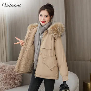 Женские парки Vielleicht, новая зимняя куртка с меховой подкладкой, женское пальто, короткая верхняя одежда с капюшоном, женское зимнее пальто с толстой хлопковой подкладкой, женское