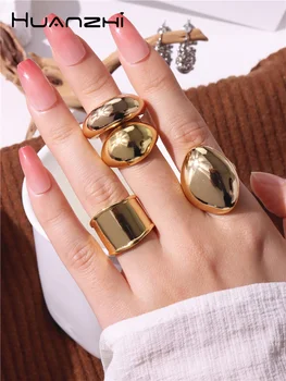 HUANZHI Простые позолоченные кольца с неправильной формой сердца для женщин, Преувеличенные Шикарные украшения в стиле барокко, Регулируемая Роскошная индивидуальность для вечеринок