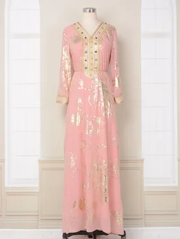 Розовый Кафтан с золотым Тиснением, Бриллианты, Длинное Арабское платье с Поясом, Вечерняя Исламская одежда в Дубае, Мусульманка Абая Рамадан