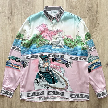 2023ss Рубашка Casablanca с длинным рукавом Для мужчин И женщин, Гавайский пляж, Гавайский топ с автомобильным принтом, Шелковые рубашки для мужчин