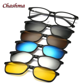 Солнцезащитные очки марки Chashma с 5 зажимами, Мужская оправа для очков, Поляризованные Солнцезащитные очки, Черная оправа для очков, Женские магнитные зажимы