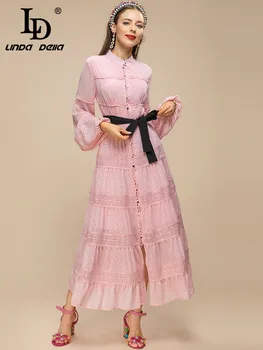 LD LINDA DELLA Новинка 2023, Модное дизайнерское летнее платье, Женское Платье-фонарь с рукавом-фонариком, розовое вечернее Винтажное платье миди