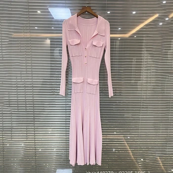 Весеннее женское розовое трикотажное платье средней длины, стильное модное платье с V-образным вырезом, стрейчевое тонкое длинное платье 2023 года выпуска