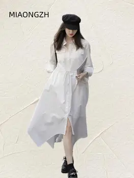 Комплект из двух предметов, асимметричный дизайн, Однобортная женская простота, Модная Белая рубашка, Юбка, Темпераментные платья с длинными рукавами