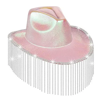 Женская ковбойская шляпа с голографическими широкими полями, Ковбойская шляпа в западном стиле с бахромой из страз, Блестящая Музыкальная вечеринка на Хэллоуин