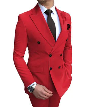 Новое поступление, мужские костюмы, Красные смокинги для жениха, пиковые лацканы, женихи, 2 предмета, свадебный шафер (куртка + брюки + галстук)