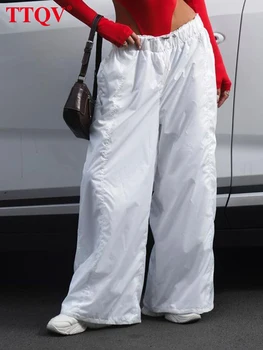 TTQV / Модные Свободные белые женские брюки, уличная одежда, повседневные однотонные прямые брюки с завязками, Элегантные простые брюки полной длины